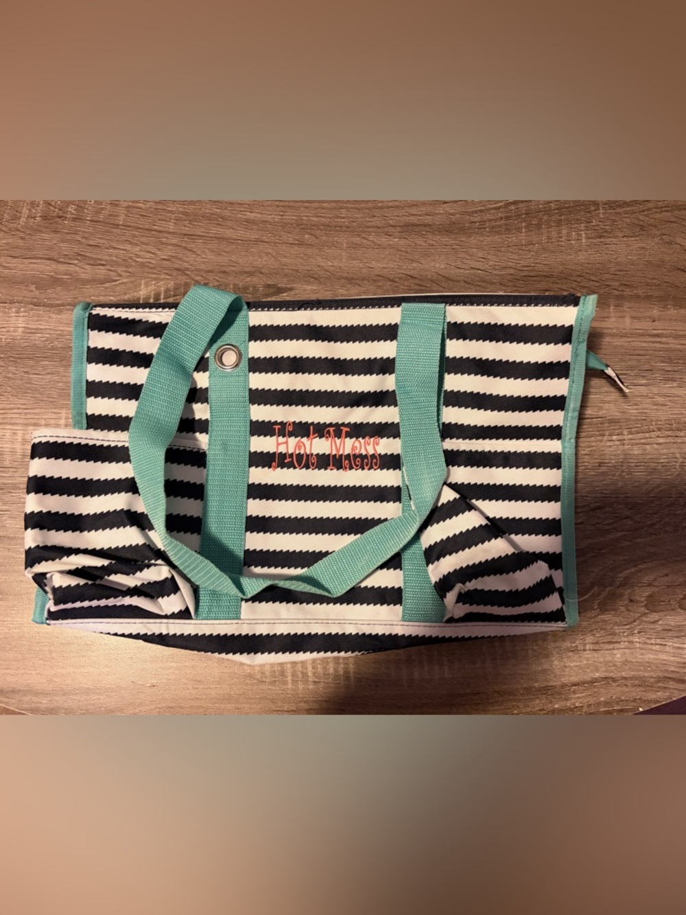 Striped Tote Bag with Turquoise Handles and Coral 'Hot Mess' Embroidery